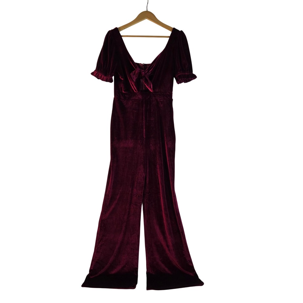 Blue Blush Burgundy Red Velvet Tie Front Wide Leg Jumpsuit Medium NWT